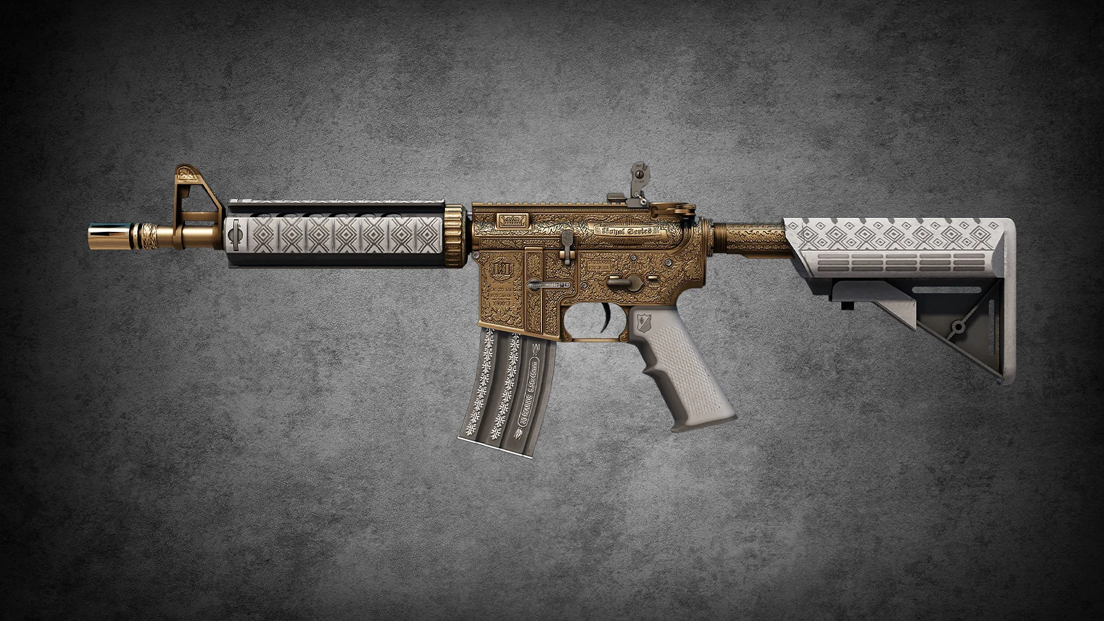 Detailed gold and silver engraved M4A4 Royal Paladin skin for CS2