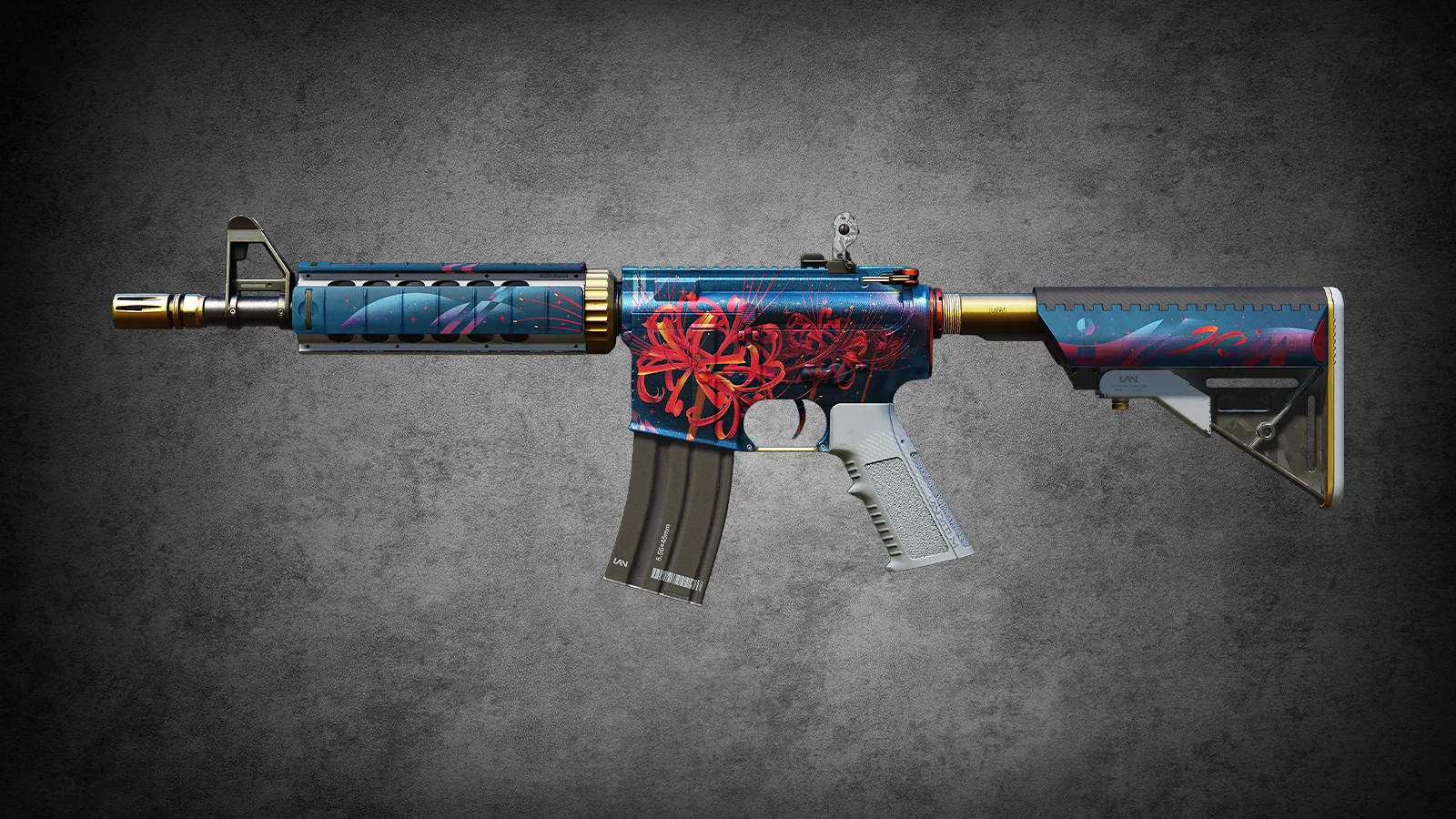 CS2 M4A4 Spider Lily skin with red floral art over a dark blue base