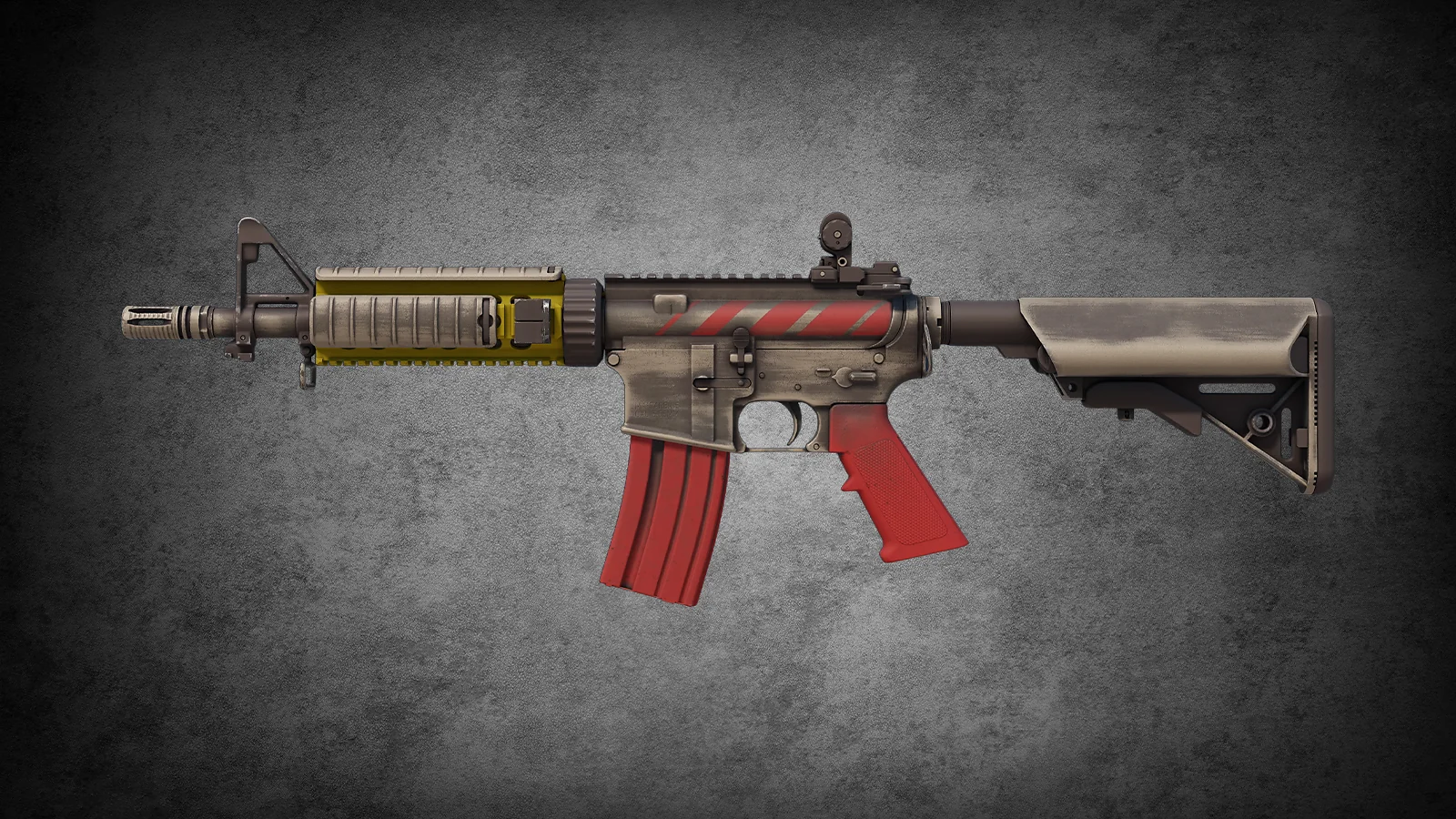 CS2 M4A4 Steel Work skin with a weathered metallic finish and bold red stripe accents