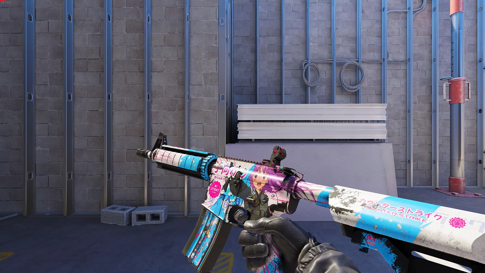 -game view of the M4A4 Temukau anime skin in CS2 on a construction map
