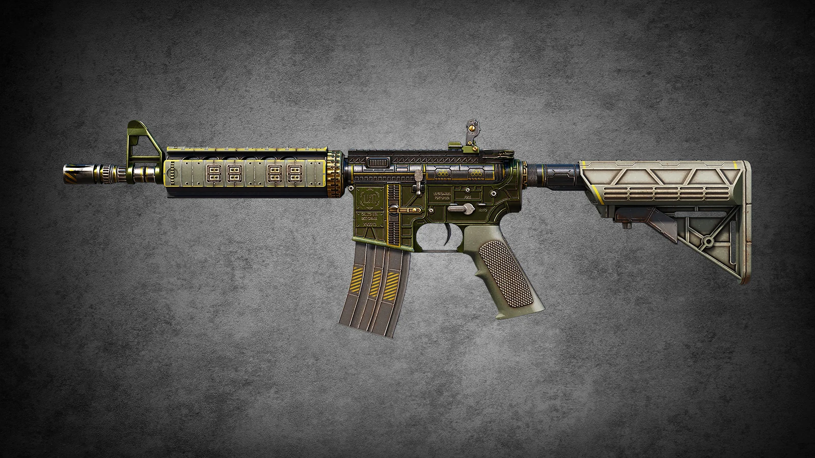 Military-green M4A4 The Battlestar skin with intricate sci-fi mechanical details in CS2