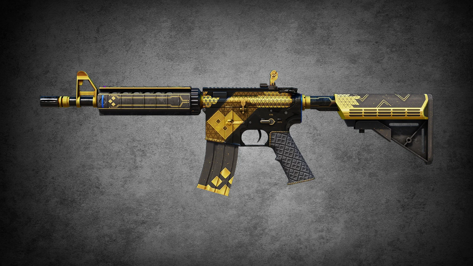 Regal CS2 M4A4 The Coalition skin with a black base and opulent gold geometric patterns