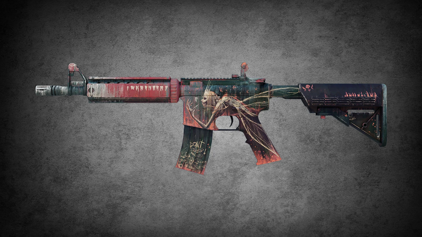 Grungy horror-themed M4A4 Tooth Fairy skin with skeletal details for CS2