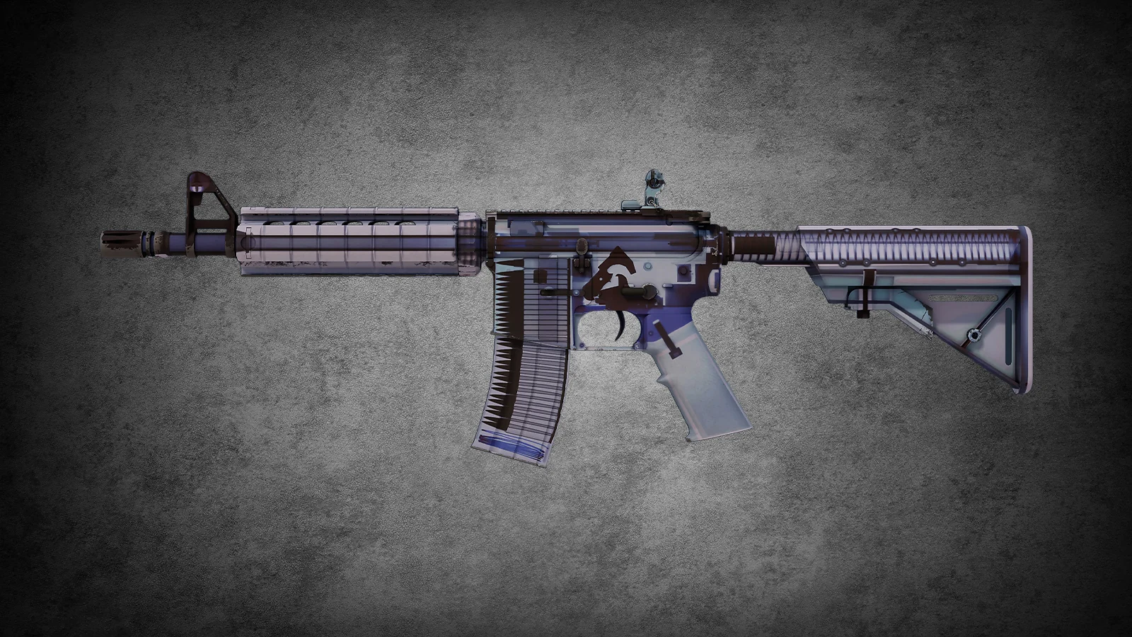 Translucent M4A4 X-Ray skin showing internal mechanical parts in CS2