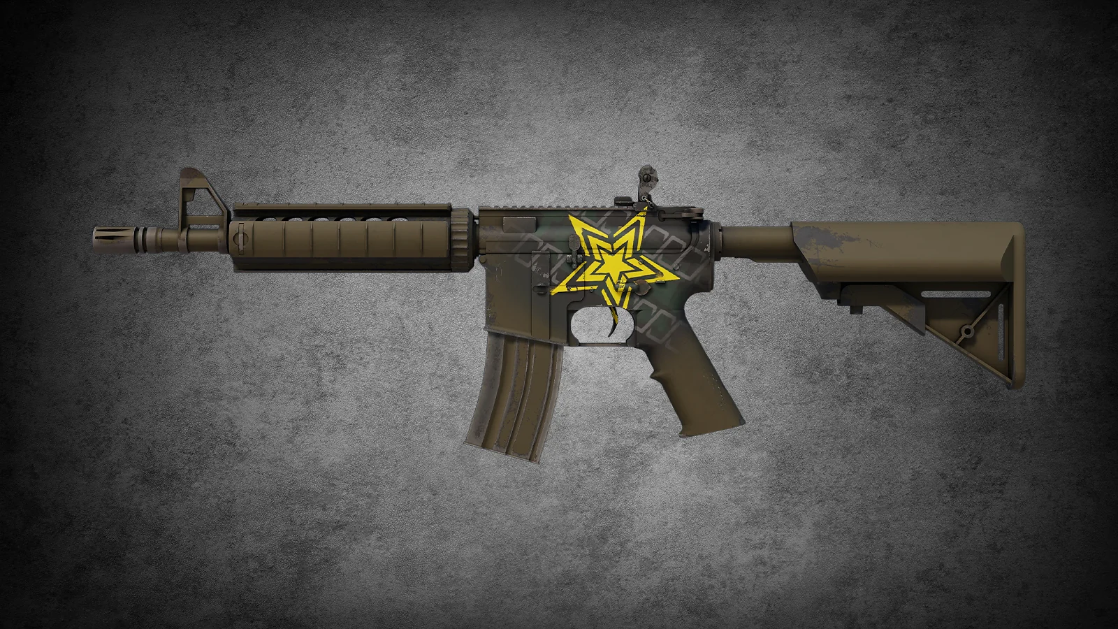 Dark earth-toned M4A4 Zirka skin featuring a large yellow star graphic on the receiver for CS2
