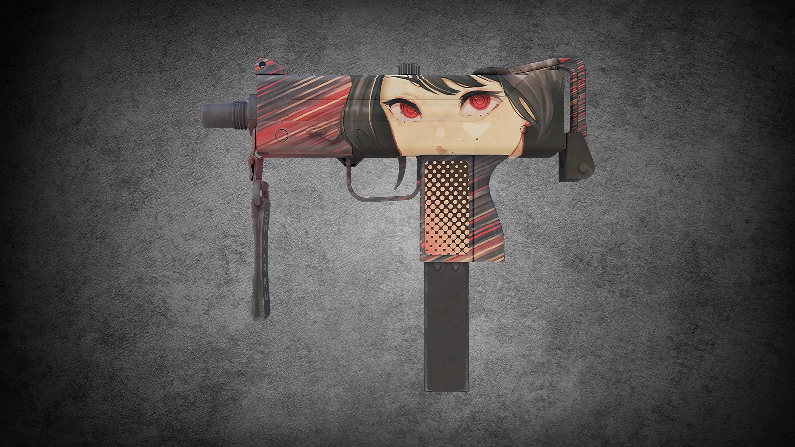 CS2 anime skin - MAC-10 Sakkaku featuring glowing red anime eyes
