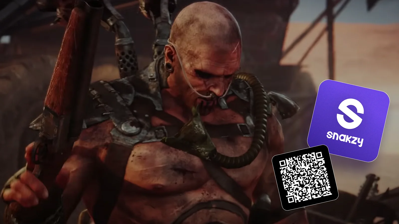Ilustración de un personaje de «Mad Max» junto al logotipo de Snakzy y el código QR para descargar la aplicación