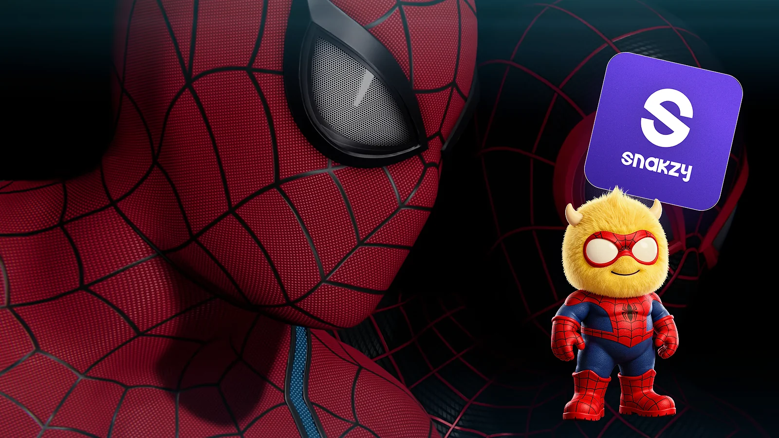 Spider-man and snakzy mascot with snakzy logo