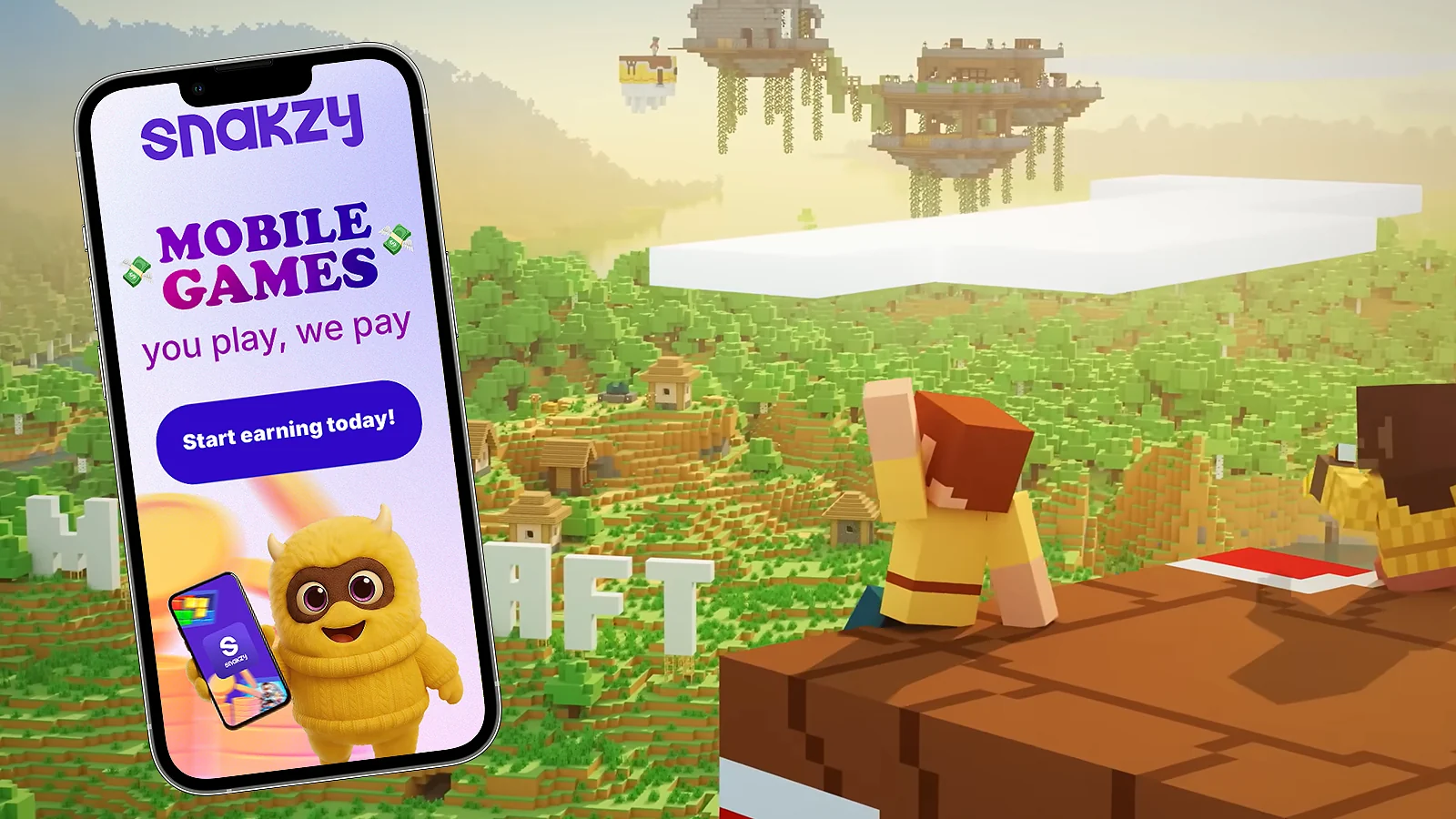 Minecraft characters sitting on top, Snakzy banner shown on phone
