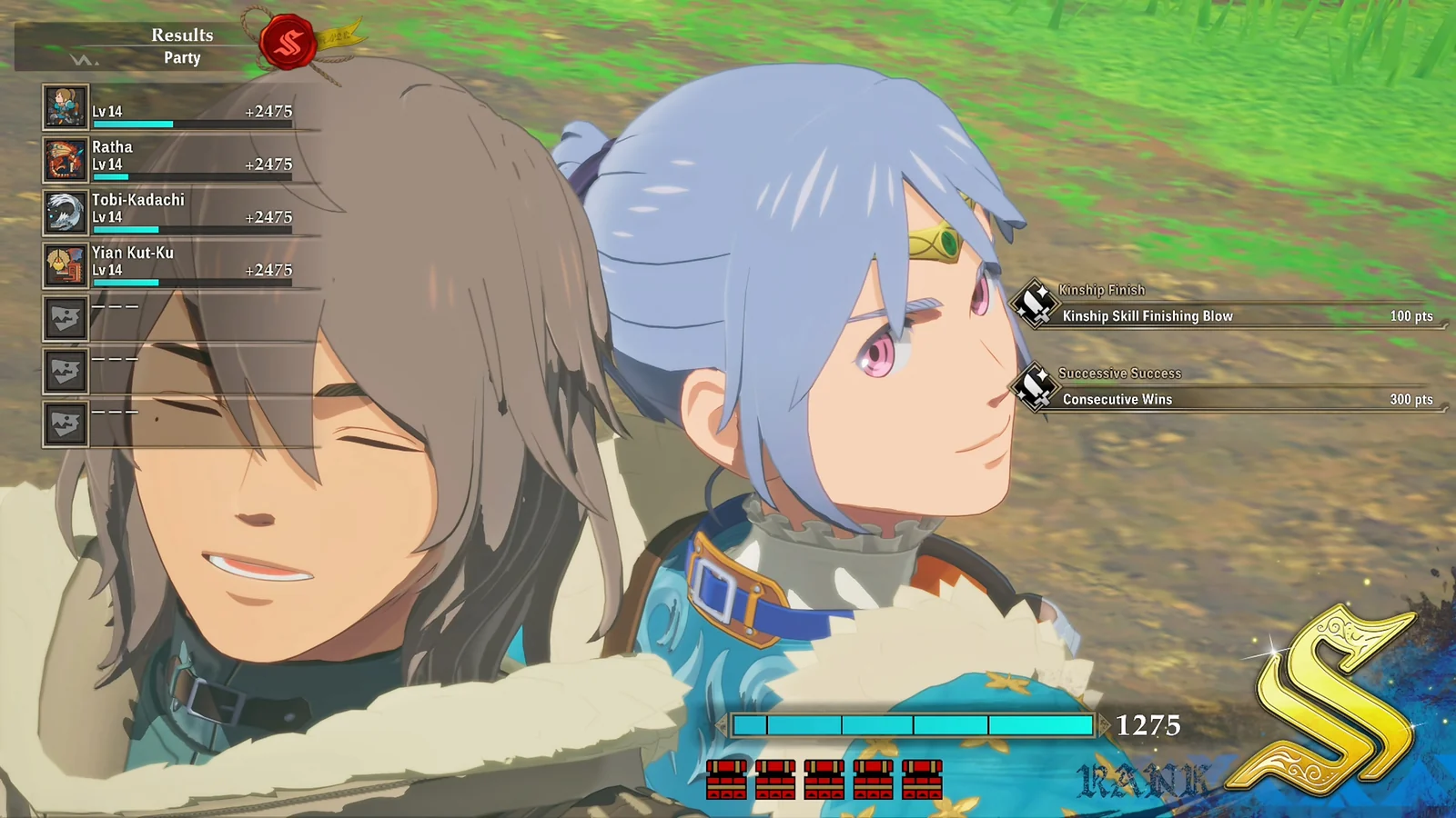 Post-battle results screen featuring characters and an S Rank rating