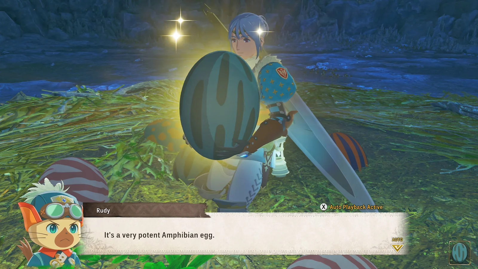 Main character holding a glowing green Amphibian egg in a monster nest