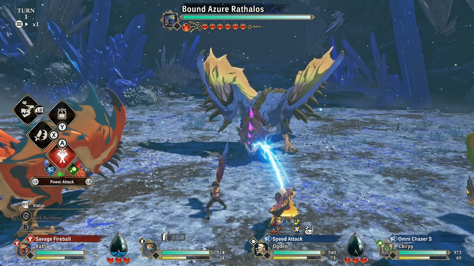 Turn-based battle scene against a Bound Azure Rathalos in a crystal cave