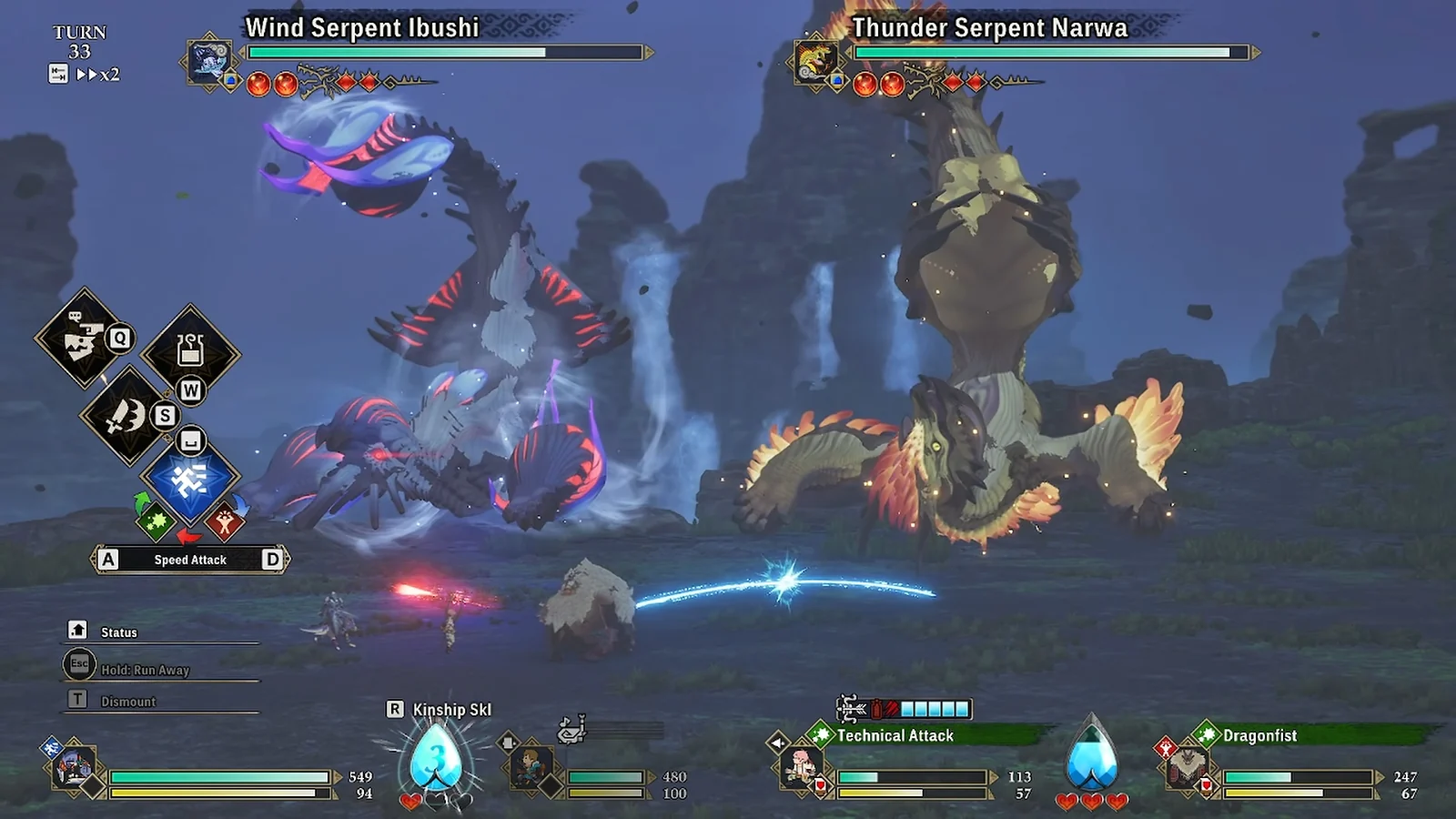 Turn-based battle against Elder Dragons Wind Serpent Ibushi and Thunder Serpent Narwa