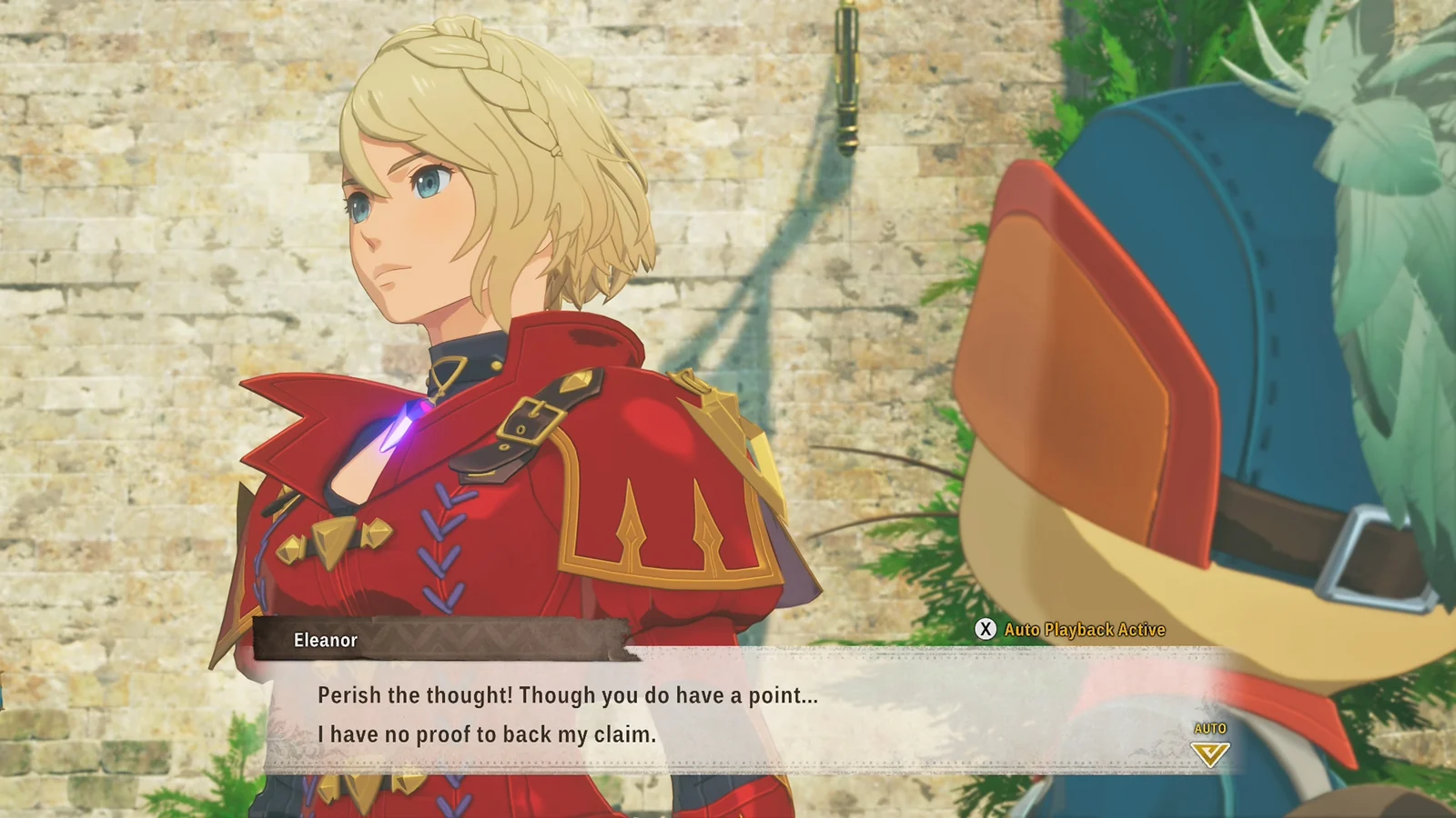 Eleanor in red armor during a dialogue scene with a text box overlay in a stone courtyard
