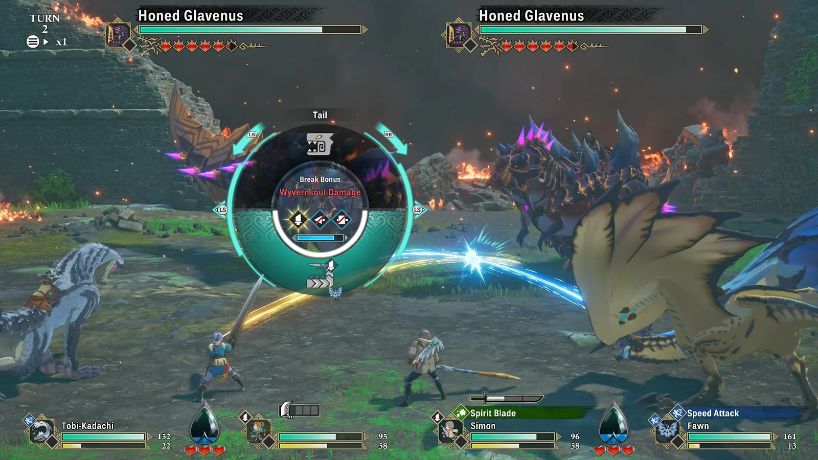 Combat scene against two Honed Glavenus featuring the monster part-targeting wheel