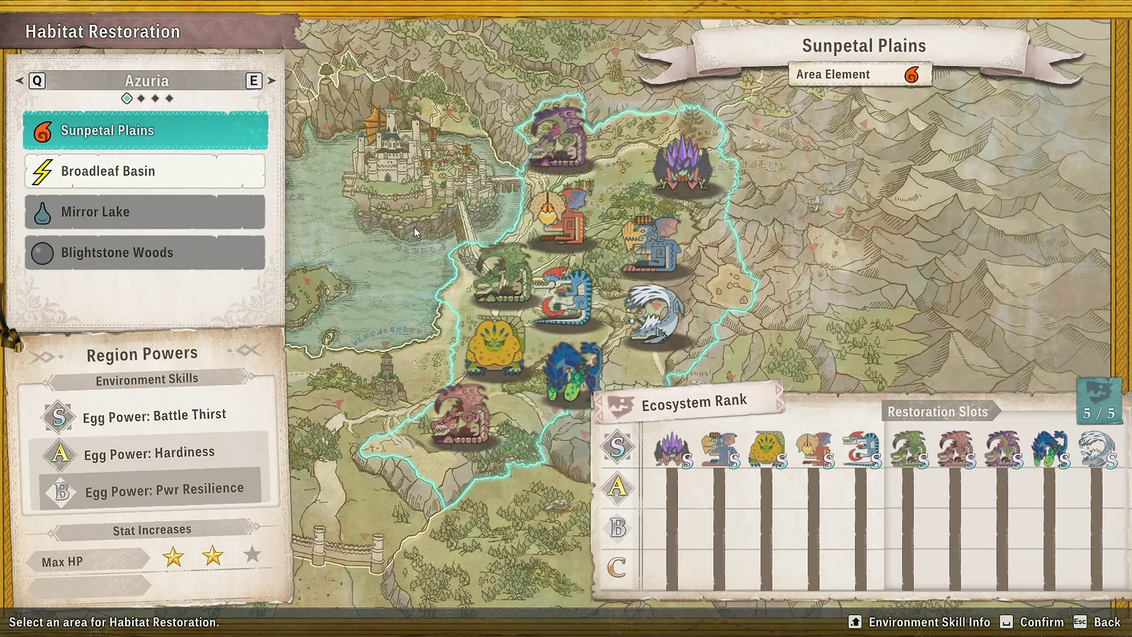 Habitat Restoration menu showing Sunpetal Plains map and ecosystem ranks
