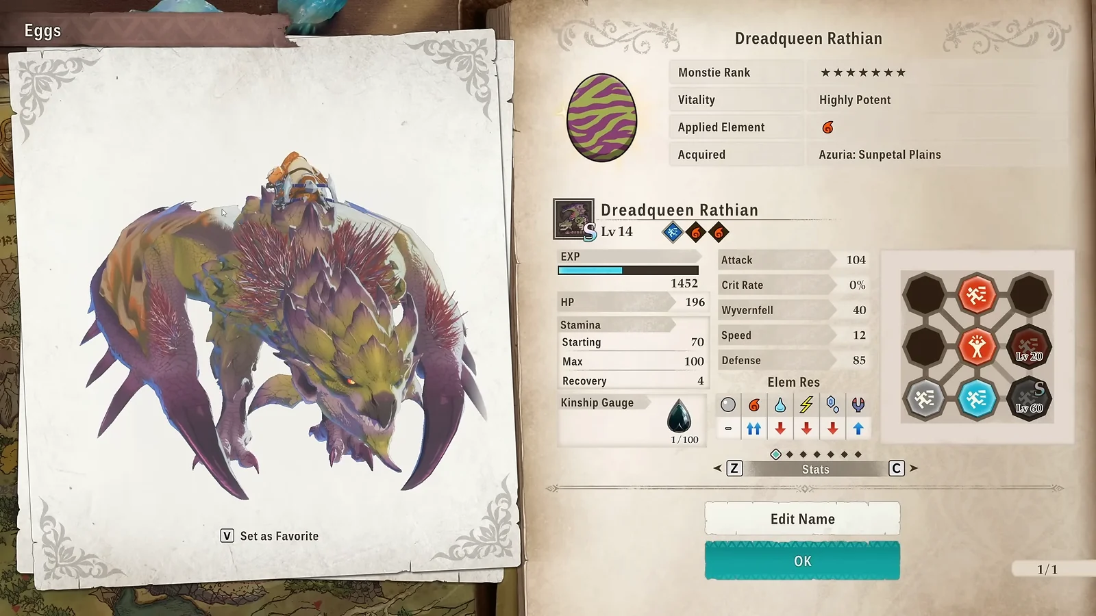 Rank 8 Dreadqueen Rathian Monstie profile with elemental resistances and stats