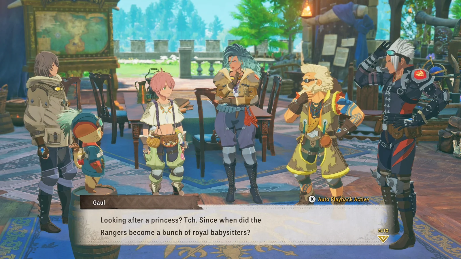 Character dialogue scene featuring Gaul and a group of Rangers