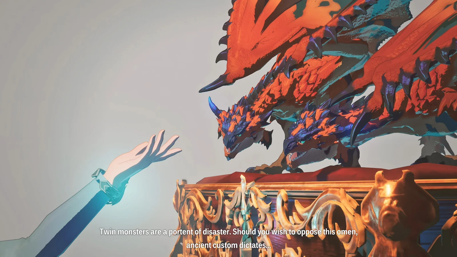 Cinematic scene featuring twin Rathalos hatchlings born from a single egg