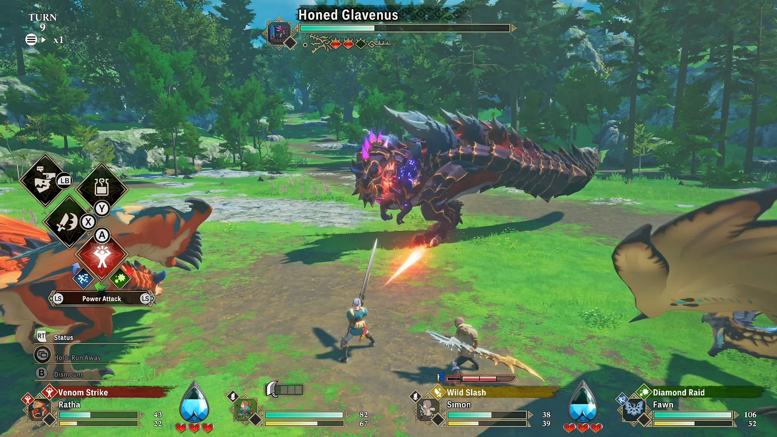 Selecting a Power Attack against a Honed Glavenus in a forest during combat