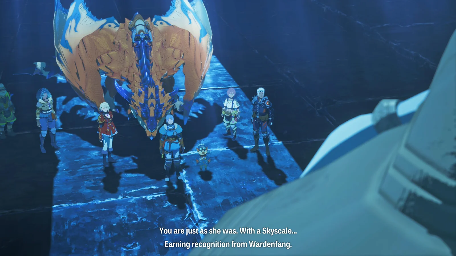 Protagonists standing before a throne