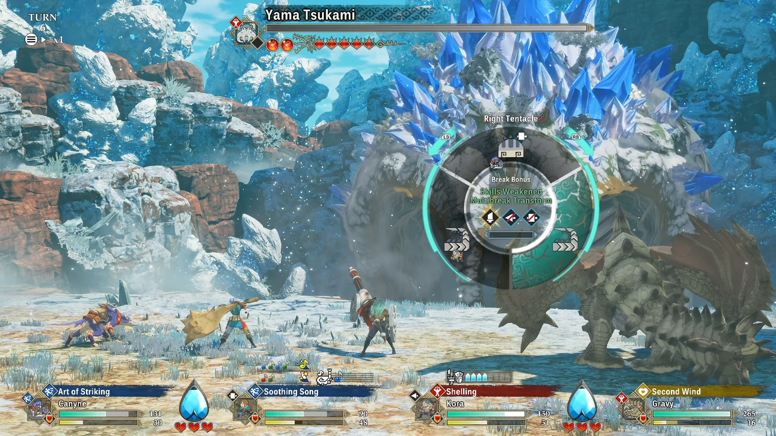 Boss fight against Yama Tsukami with large blue crystal formations