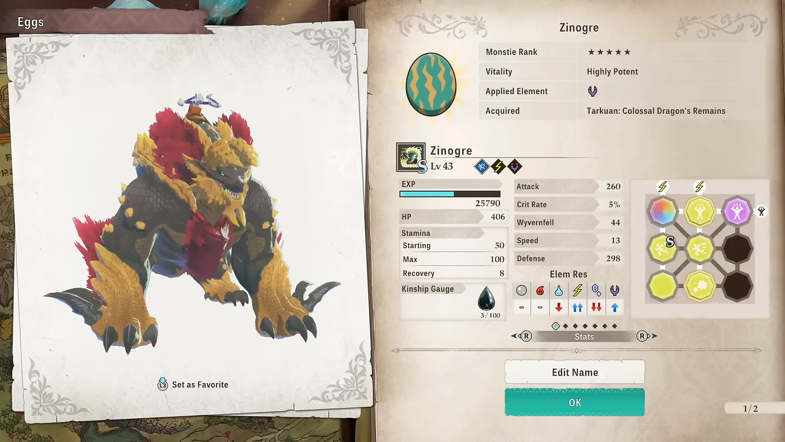 Zinogre Monstie profile screen displaying stats, gene board, and Rank 5 status