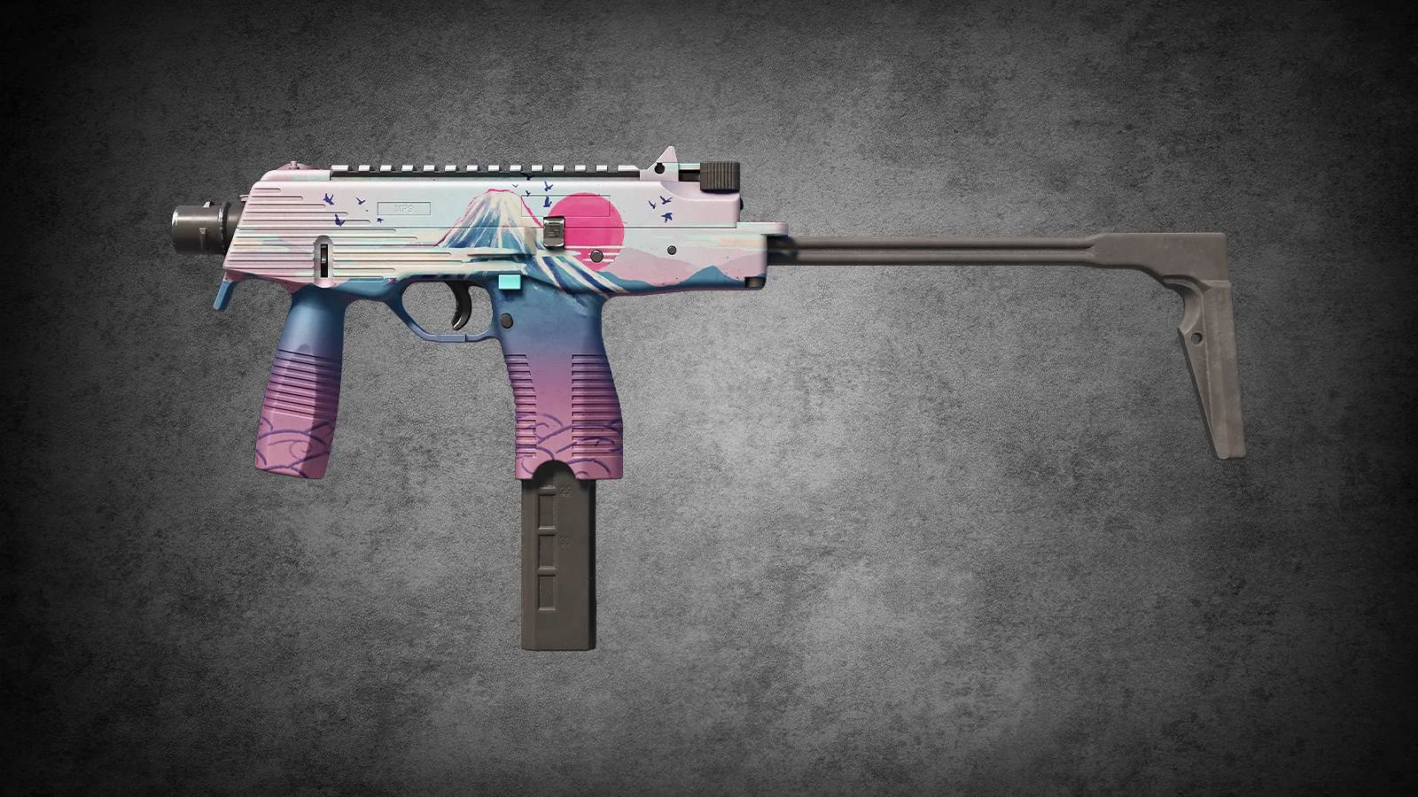 CS2 anime skin - MP9 Mount Fuji with a pink sun and mountain landscape