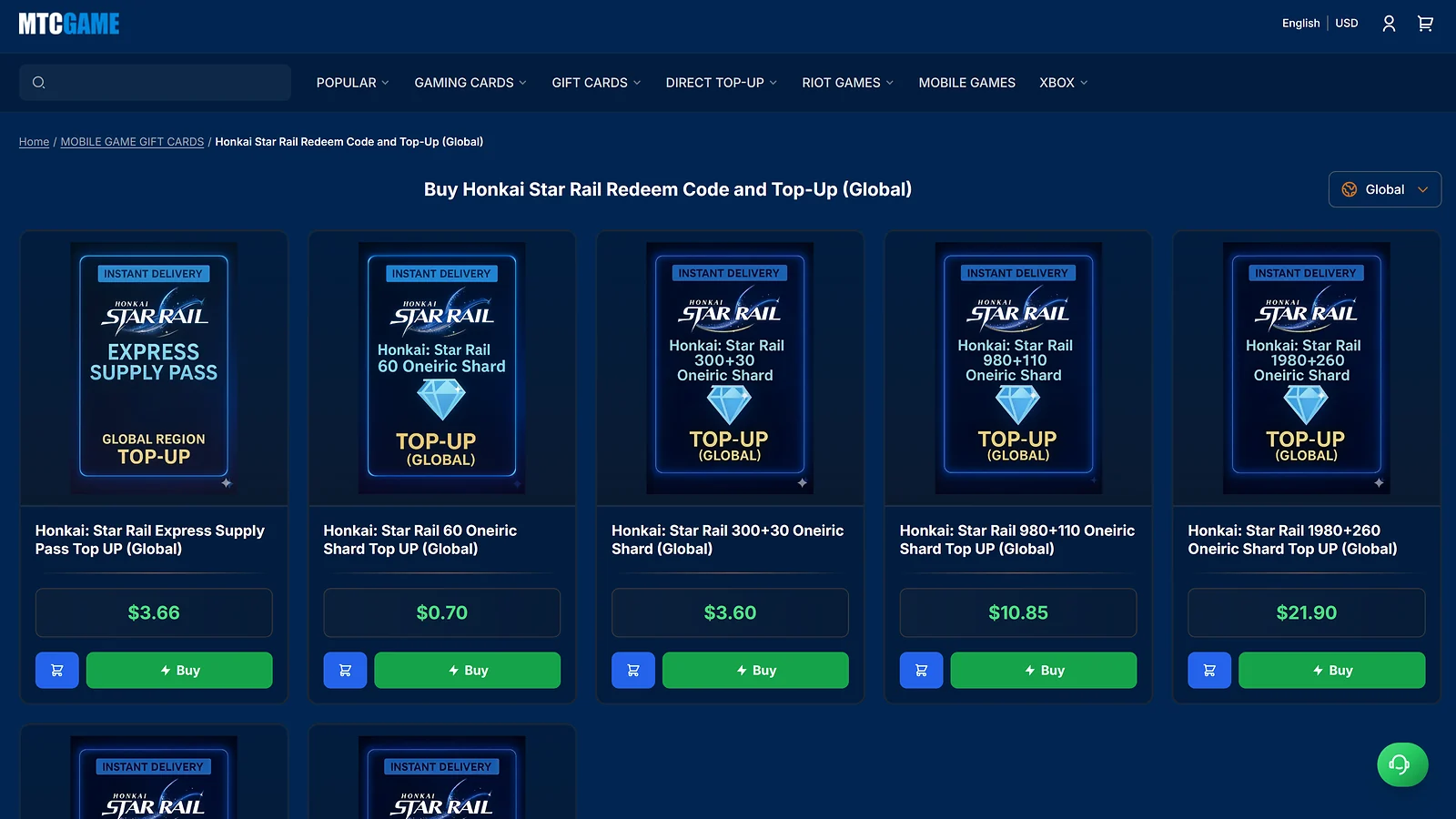 MTCGAME product listings for global top-ups and cheap Oneiric Shards for Honkai: Star Rail
