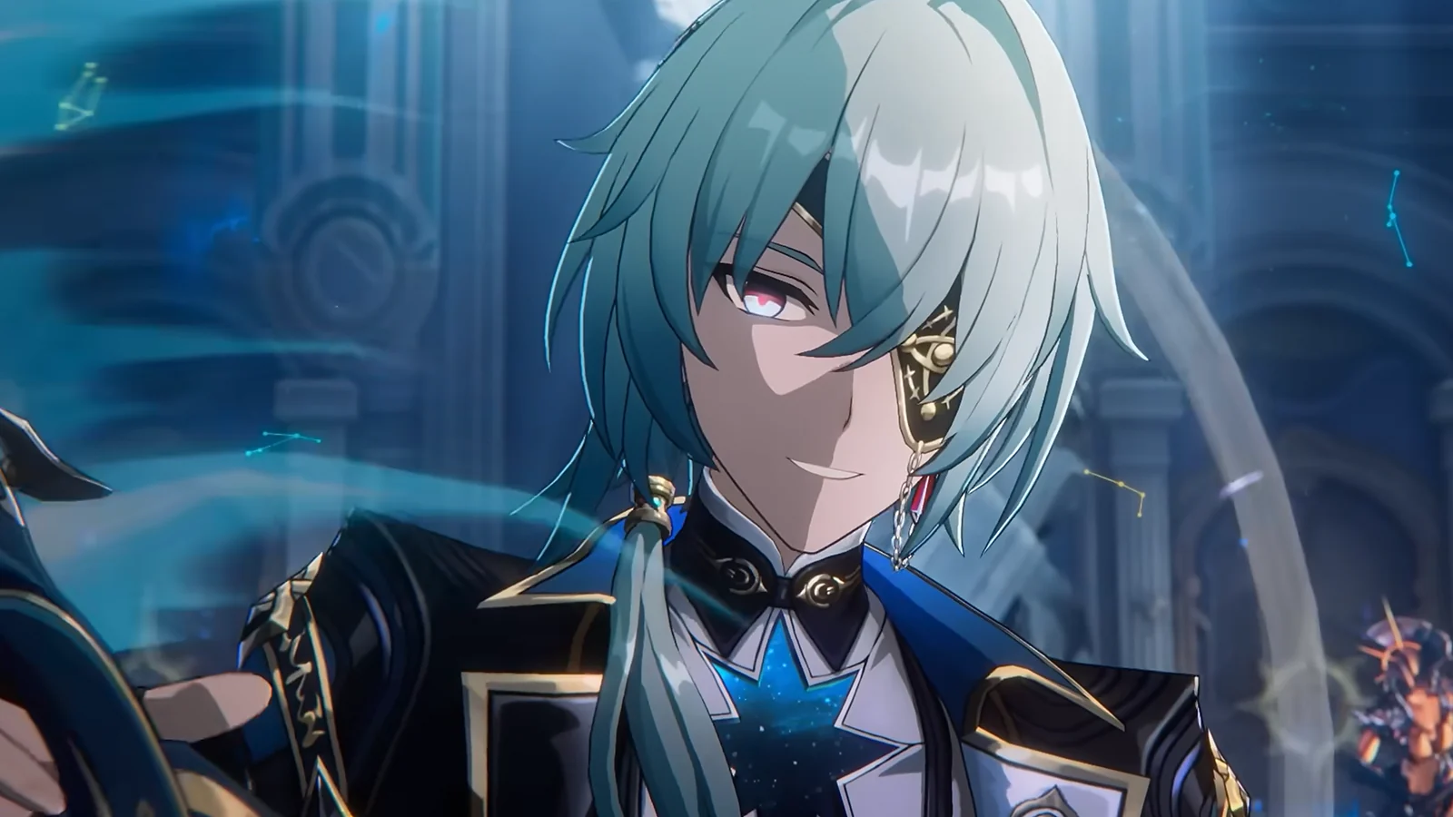 Close-up of Anaxa with mint green hair and a golden eyepatch in Honkai: Star Rail