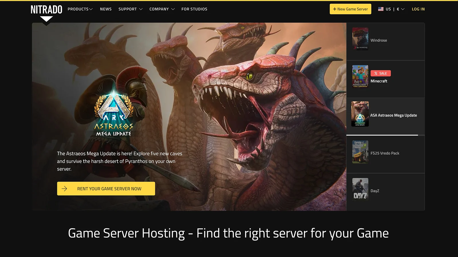Nitrado website highlighting ARK: Survival Ascended Astraeos Mega Update server rentals