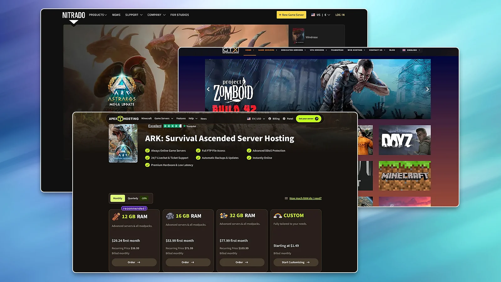 Overlapping screenshots of Nitrado, GTXGaming, and Apex Hosting website interfaces