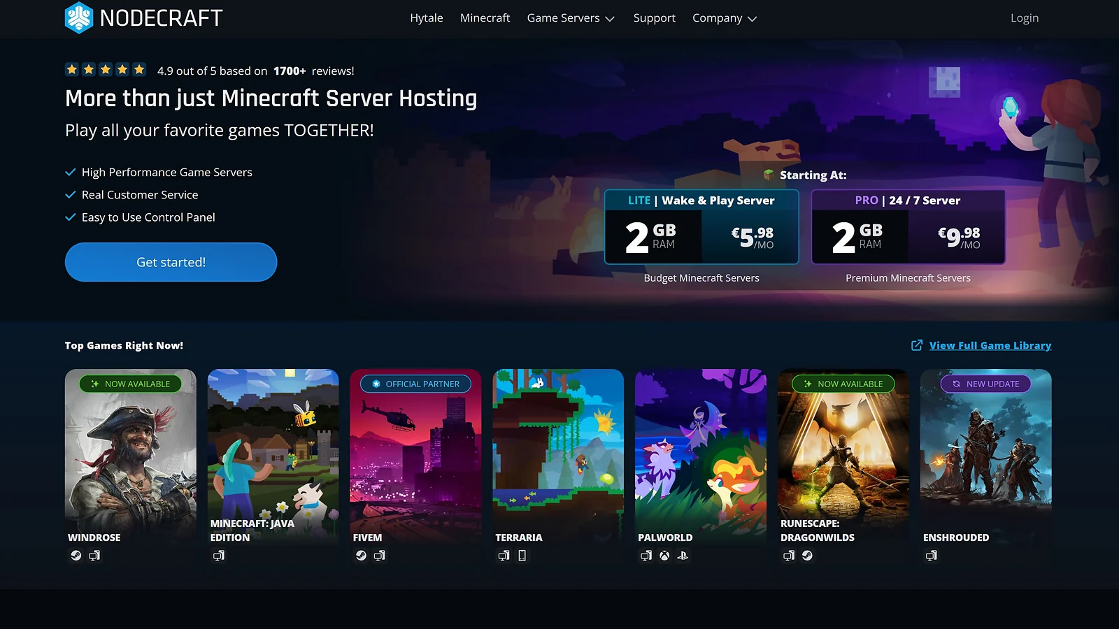 Nodecraft landing page showing high-performance game server hosting plans for Minecraft and other top titles