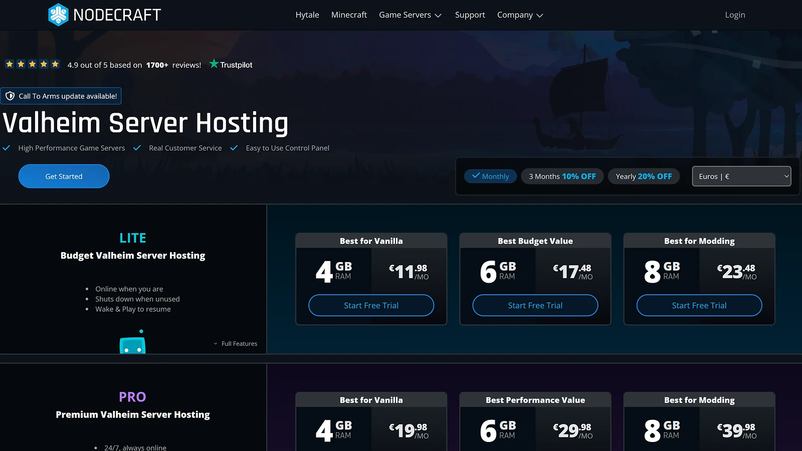 Nodecraft: Valheim Server Hosting plans starting at 4GB RAM for vanilla or modded play