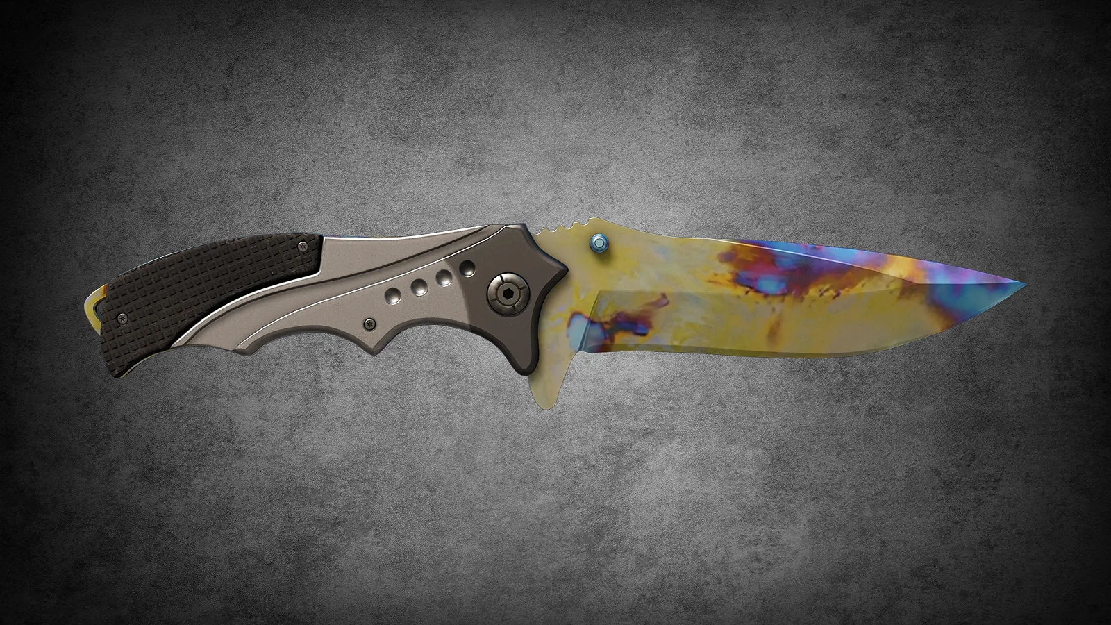 CS2 Fracture Case Knife: Nomad Knife Case Hardened skin with a unique pattern of blue, gold, and purple hues