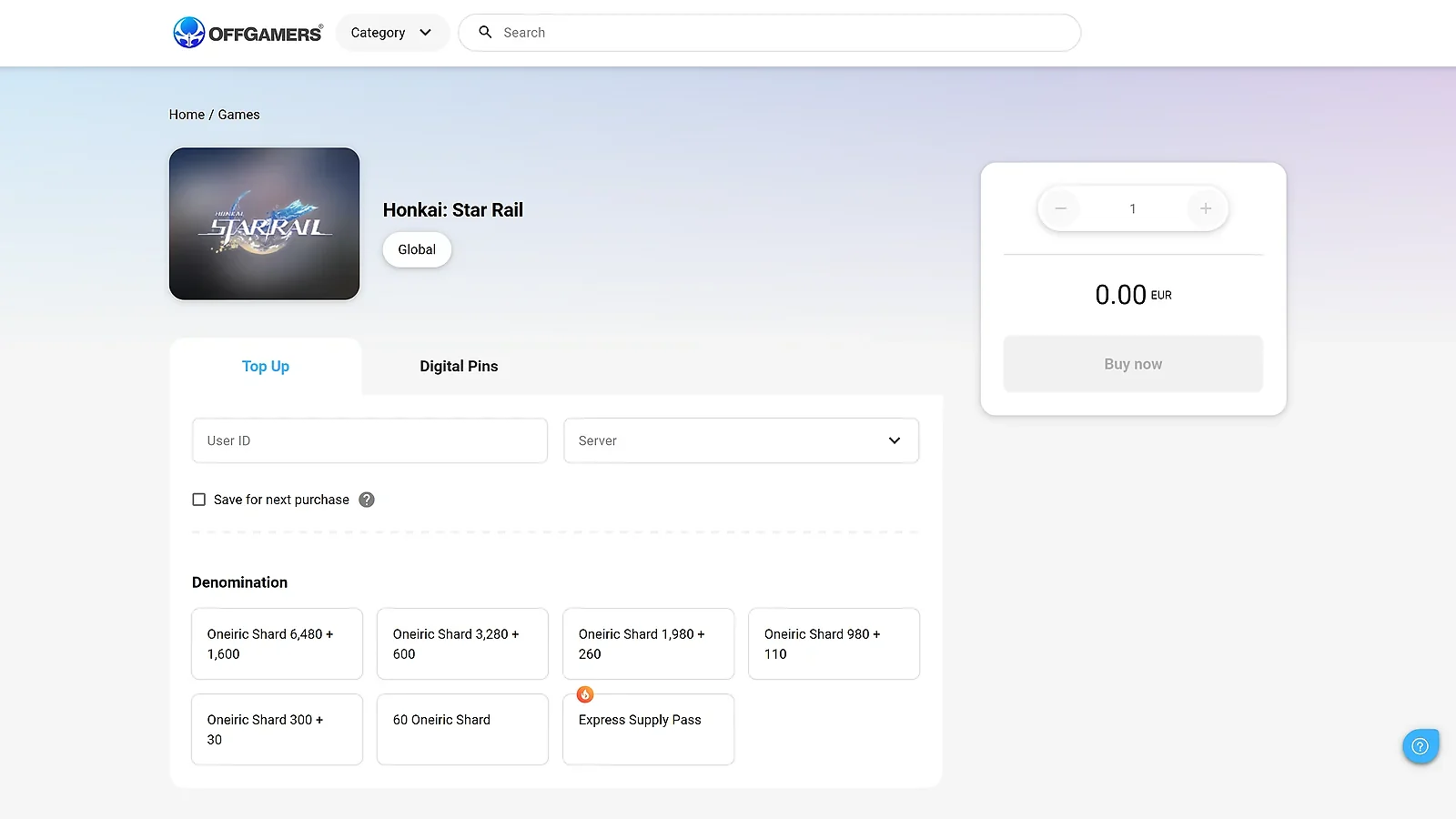OffGamers: Direct top-up interface for Honkai Star Rail denominations and shards