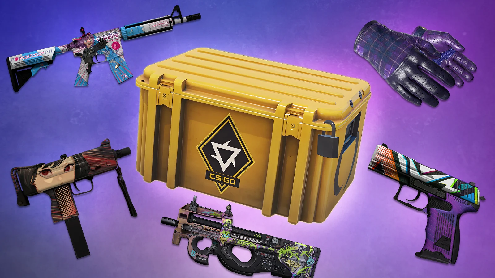 CS2 case opening featuring a yellow weapon crate surrounded by high-tier weapon skins and purple gloves
