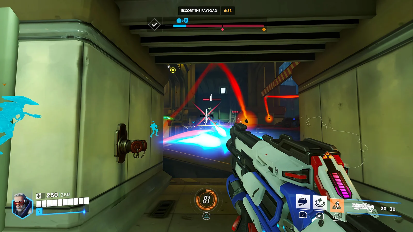 Overwatch gameplay: Soldier: 76 aiming during a payload mission