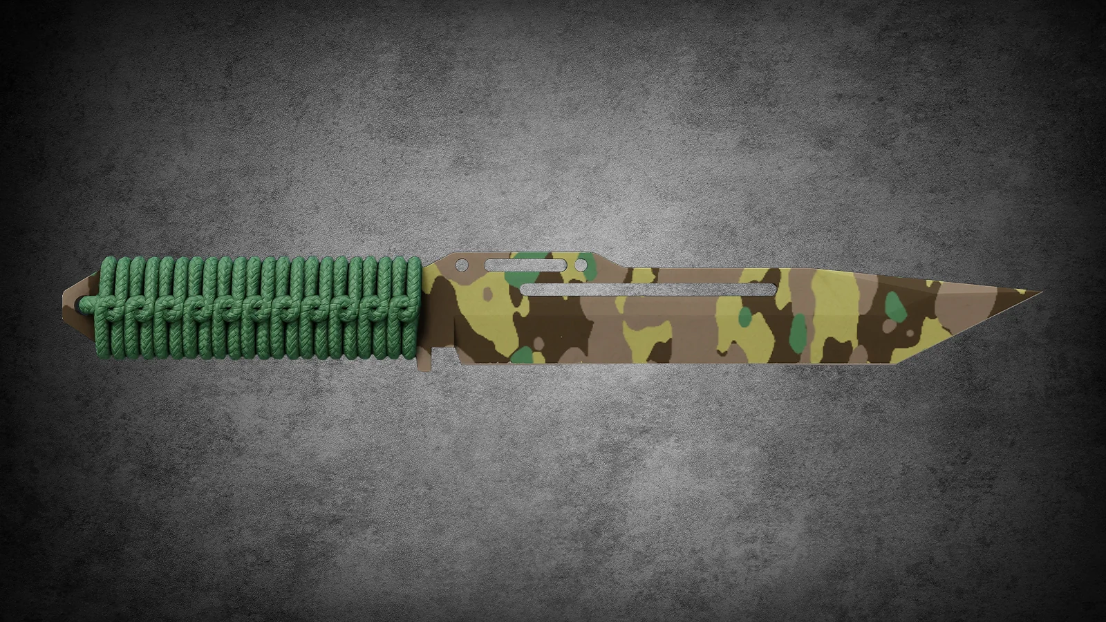 CS2 Fracture Case Knife: Paracord Knife Boreal Forest skin with woodland camo blade and green cord-wrapped handle