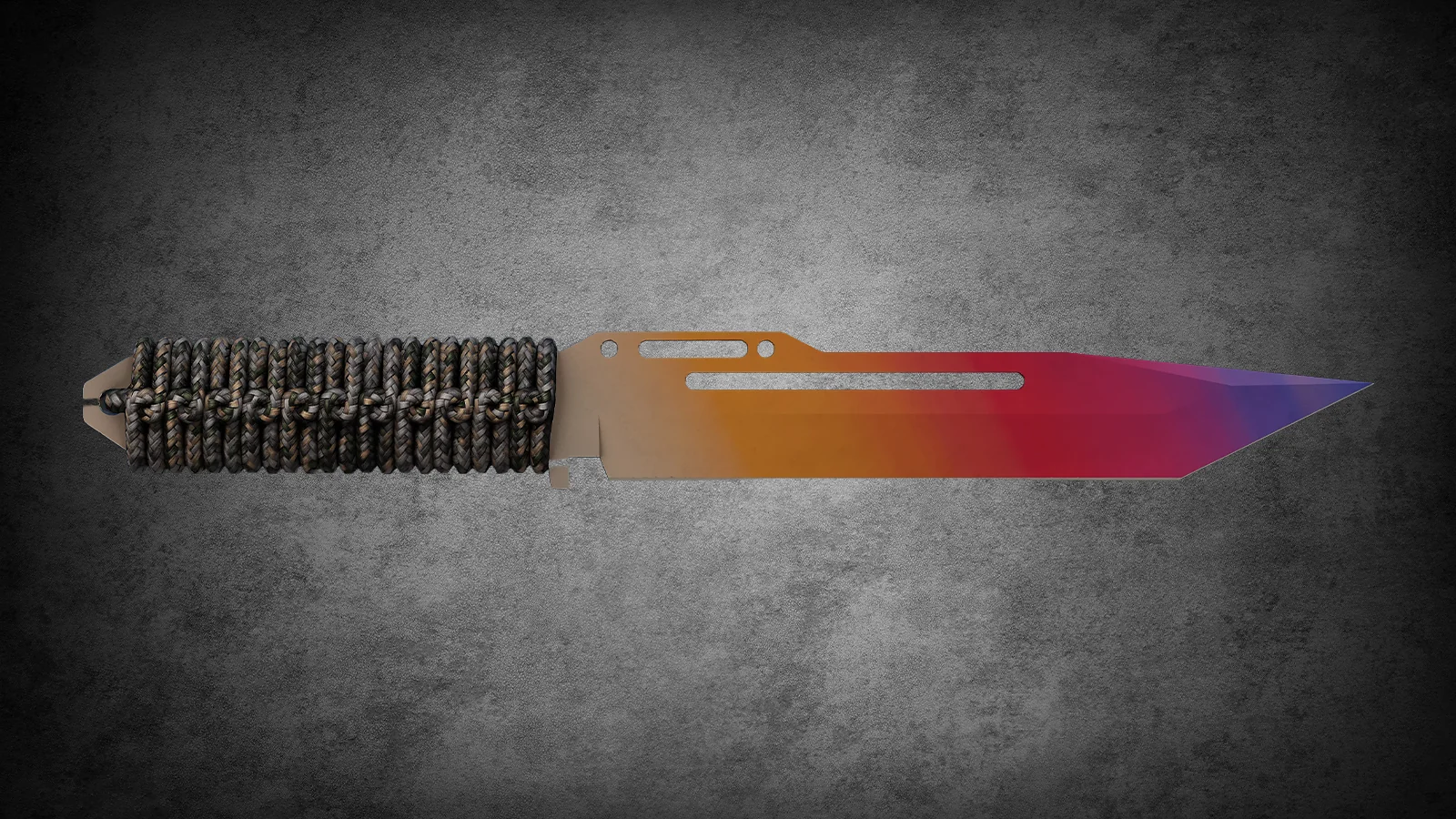 CS2 Fracture Case Knife: Paracord Knife Fade skin featuring a vibrant gold, red, and purple gradient blade