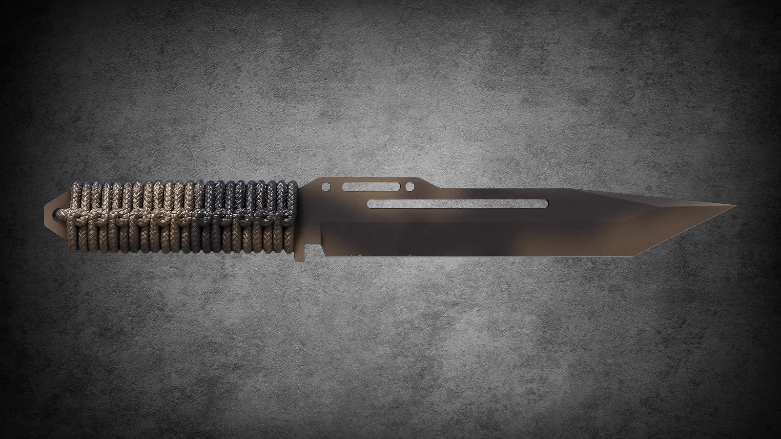 CS2 Fracture Case Knife: Paracord Knife Scorched skin with a black and grey spray-painted camouflage blade