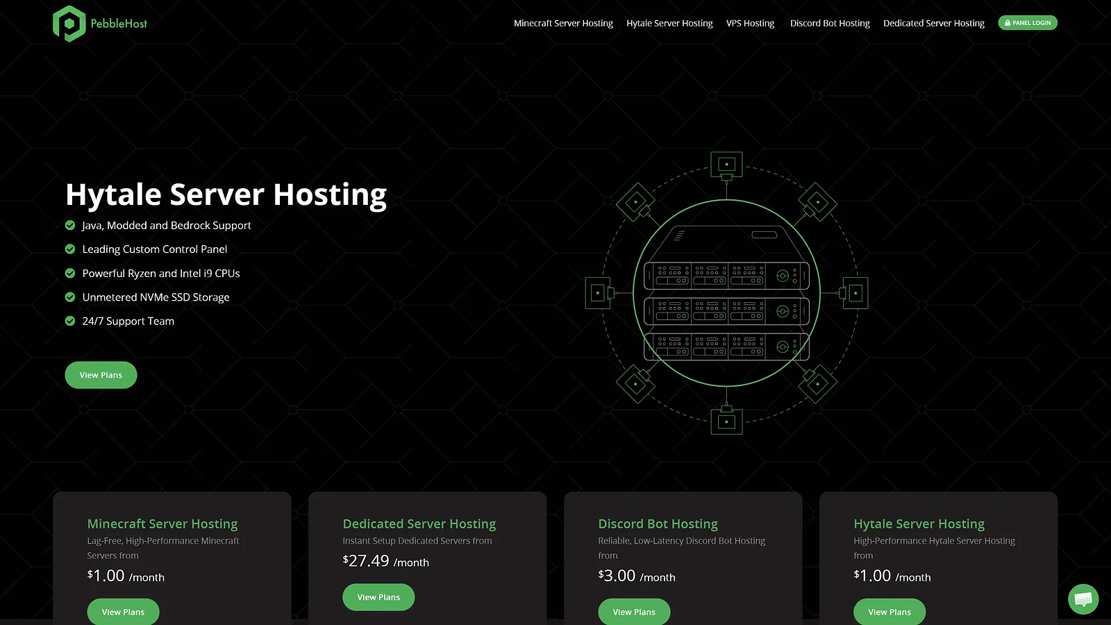 PebbleHost Hytale server hosting page highlighting custom control panels and NVMe SSD storage