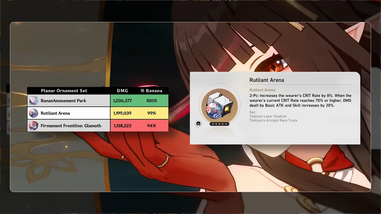 Aglaea Planar Ornament damage comparison in Honkai: Star Rail featuring Banana Amusement Park and Rutilant Arena