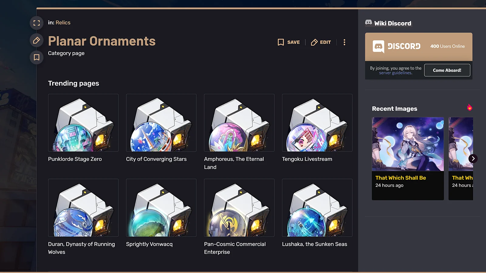 Planar Ornaments wiki page for Honkai Star Rail featuring trending relic sets and gameplay icons