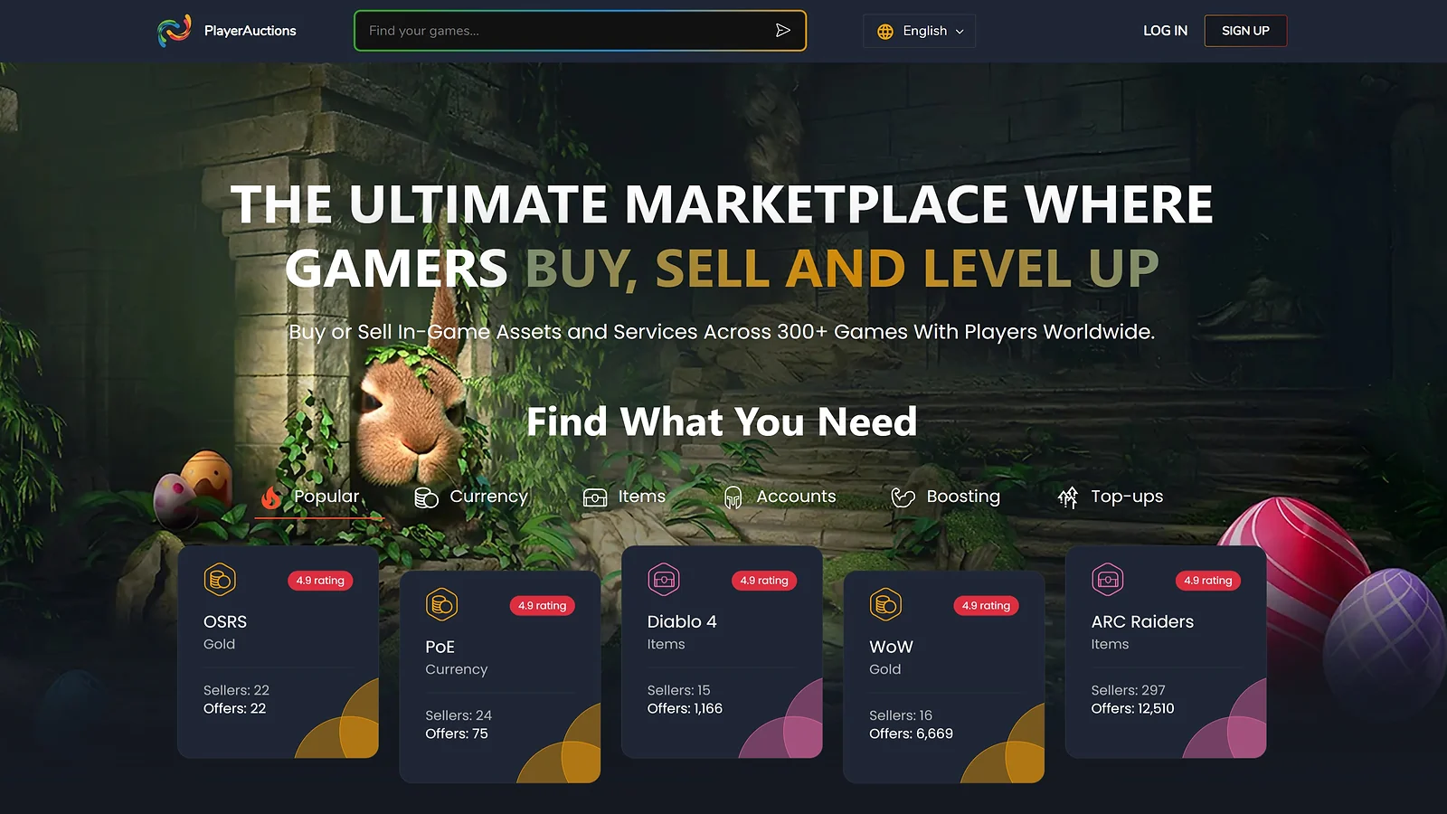 PlayerAuctions homepage featuring marketplace categories for OSRS gold, Diablo 4 items, and WoW gold