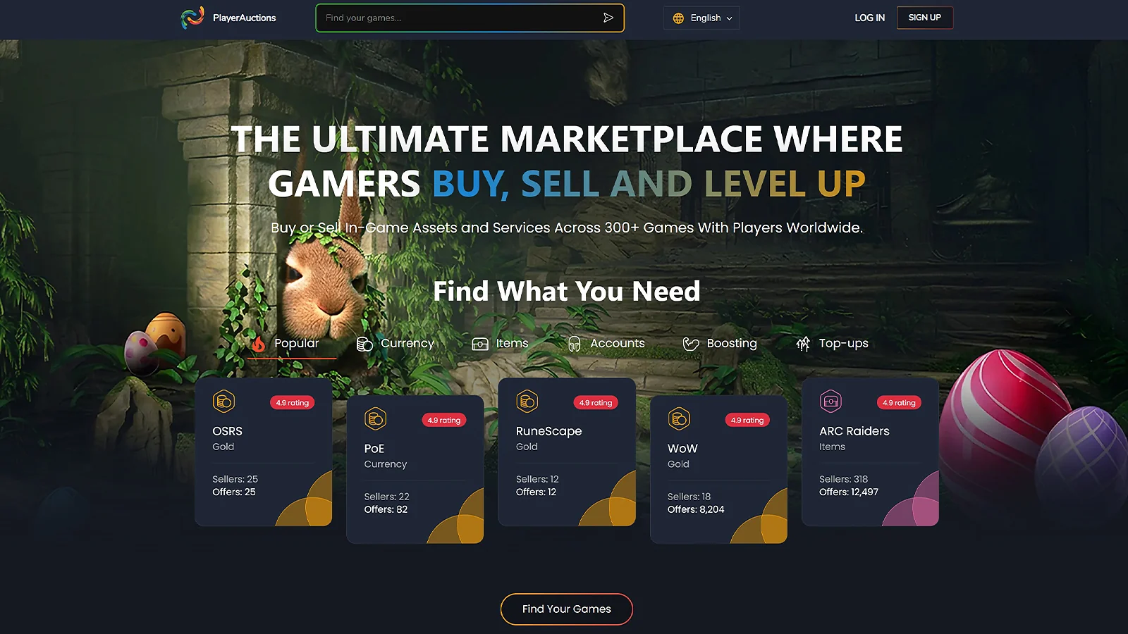 PlayerAuctions marketplace to sell Overwatch account: Home page with buy and sell options