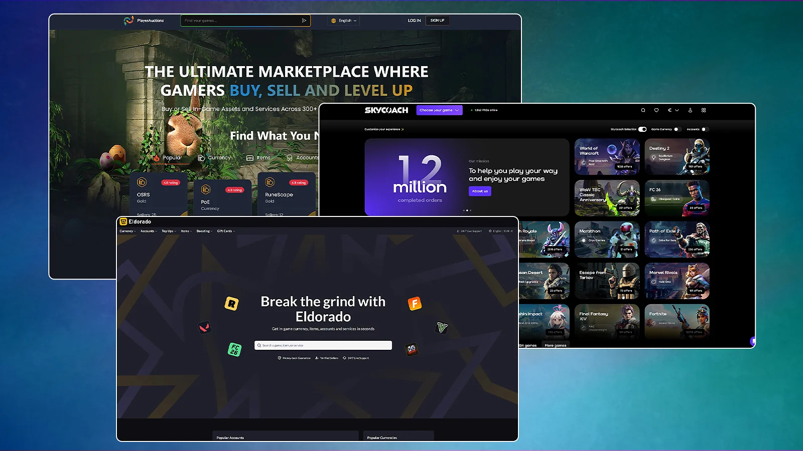 Interfaces of PlayerAuctions, SkyCoach, and Eldorado.gg for selling Overwatch accounts
