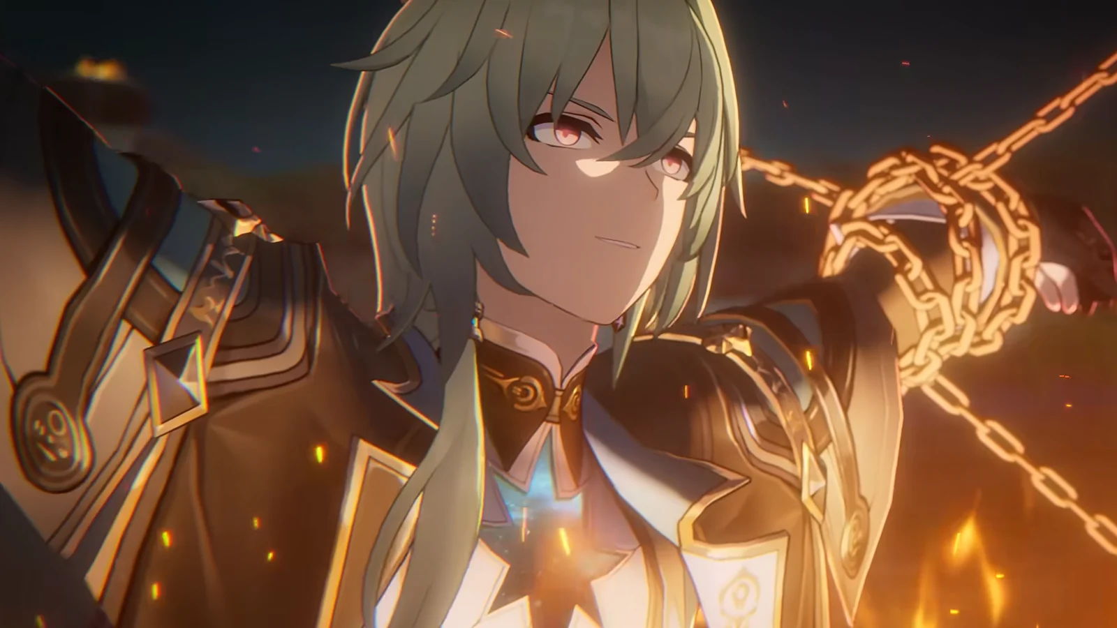 Anaxa with glowing red eyes holding golden chains in Honkai: Star Rail