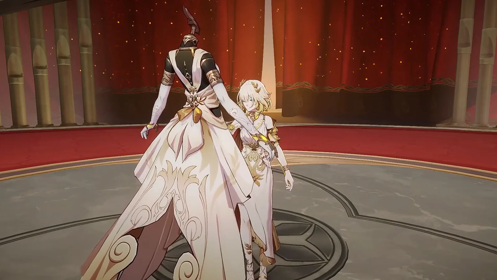Honkai Star Rail character Aglaea standing next to a large mannequin on a theater stage