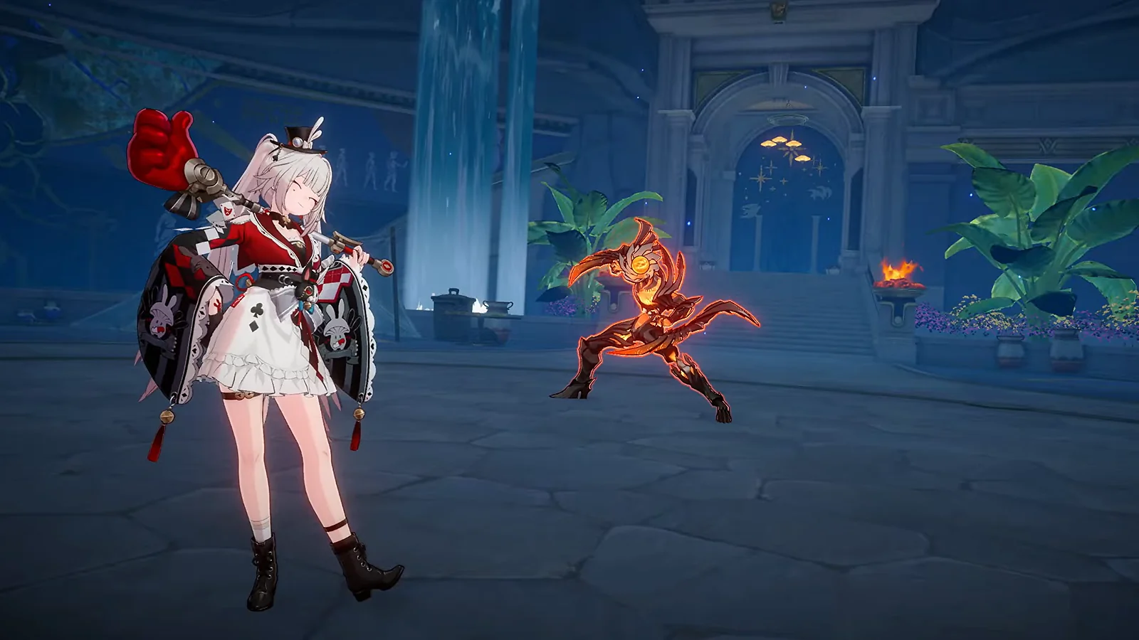 Sparxie holding her signature boxing glove weapon in a Honkai: Star Rail battle arena